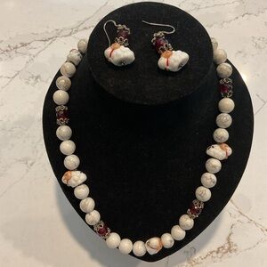 Quartz beaded necklace w/ram stones & red glass matching Earrings